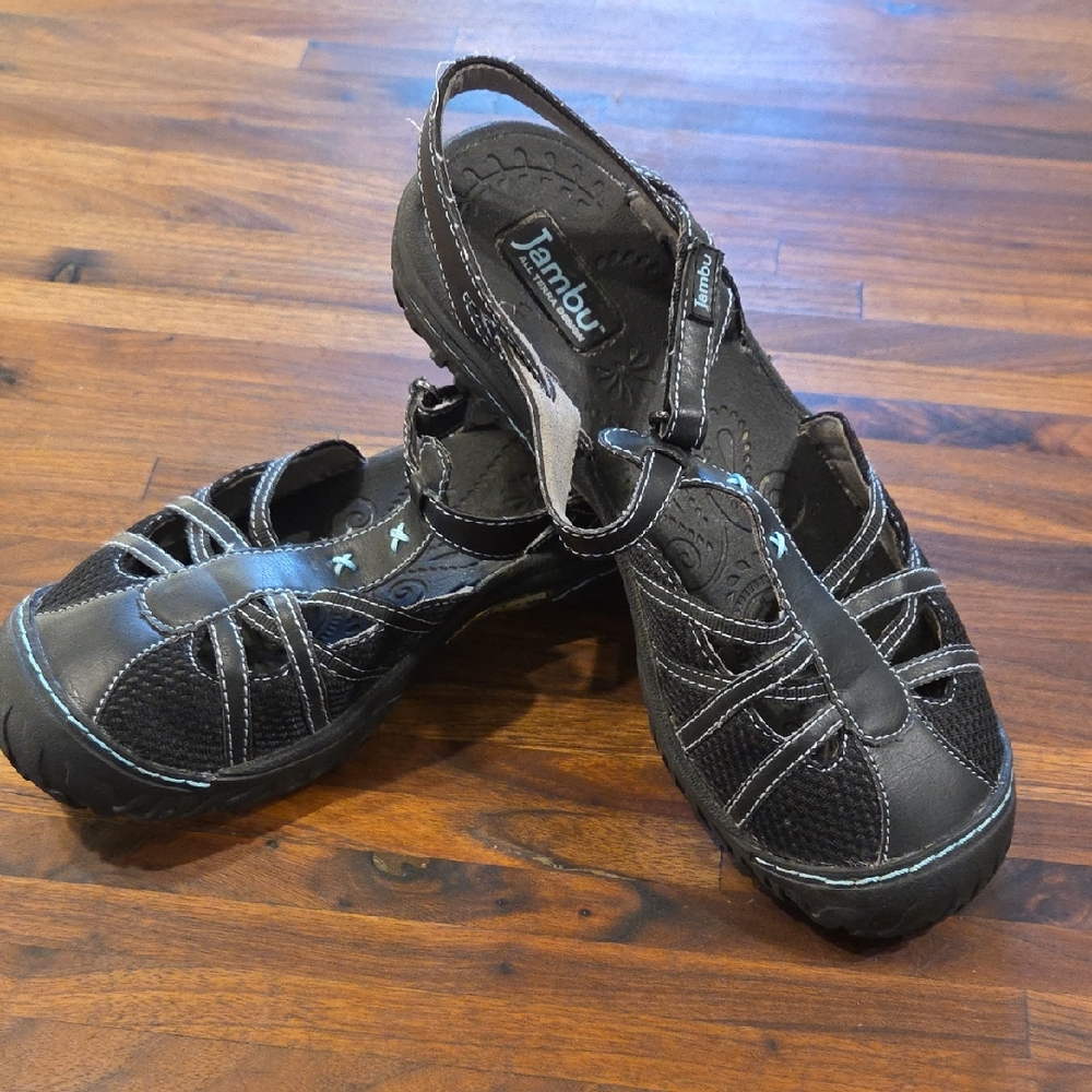 Jambu Women's Black Sporty Comfort Sandal with Light Blue Stitching